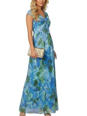 NWT ADRIANNA PAPELL Blue Floral Cap Sleeve Twist Front Flowy Dress Gown Size 8